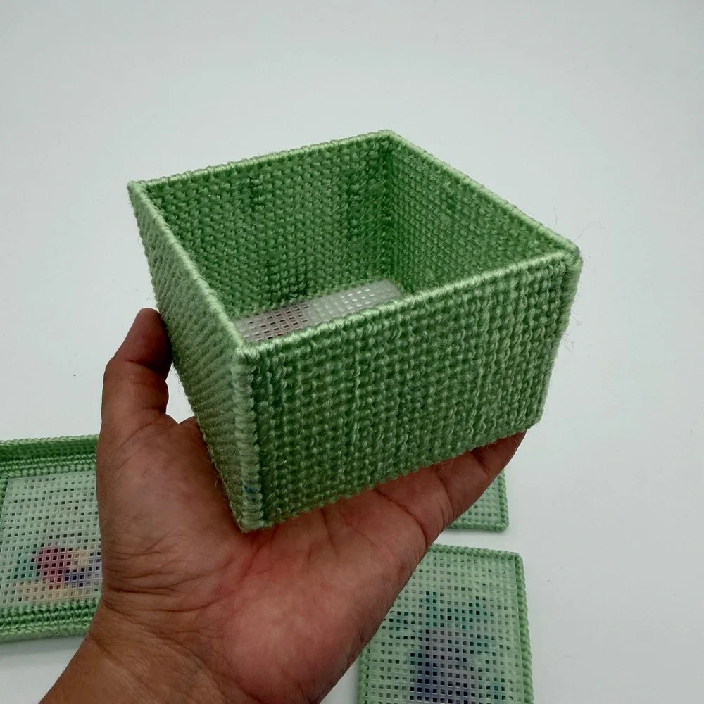 Handmade Needlepoint Coaster Set with Box‎ 8pc Mint Green Floral Vintage 4x4